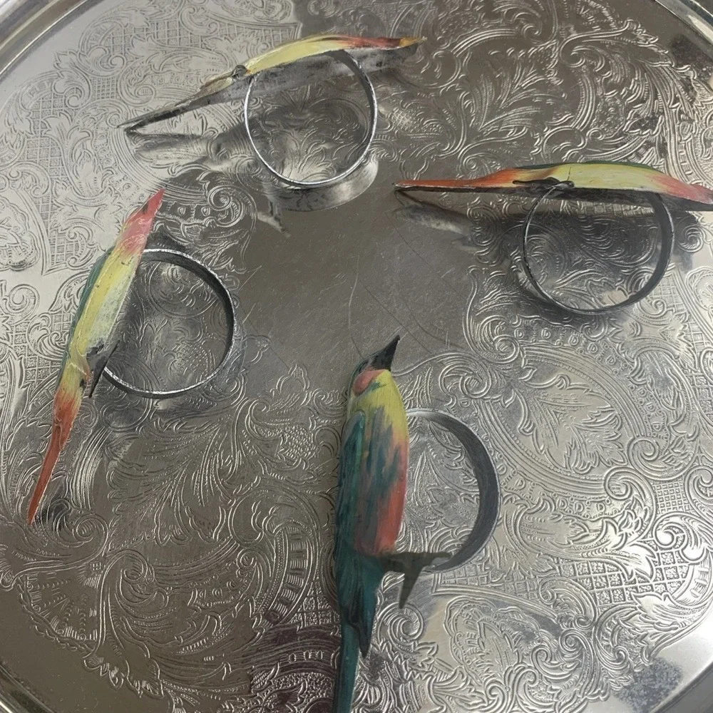 Pier 1 Metal Birds Napkin Ring‎ Holders Multicolor Hand painted Lot Of 4